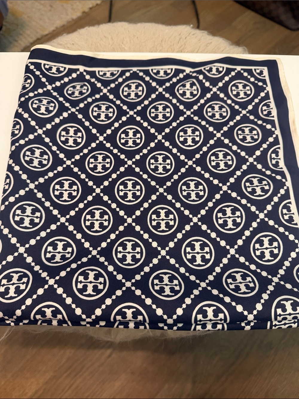 Tory Burch Navy and White Monogram Logo Silk Square